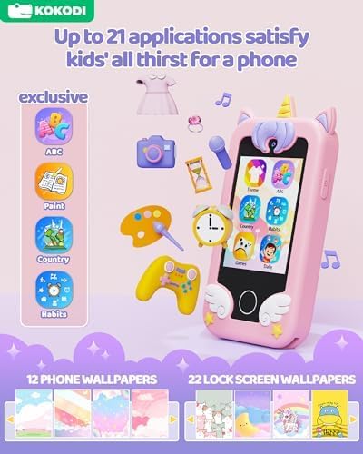 KOKODI Kids Smart Phone, Touchscreen HD Dual Camera Cell Phone for Kids, Christmas Birthday Gifts Dinosaur Child Play Phone for Girls 3-10, Travel Toy Preschool Learning Education Toy