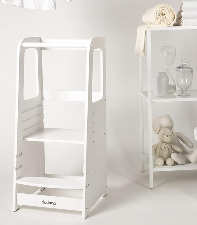 dadada Baby Montessori Toddler Tower - Adjustable Kitchen Step Stool for Kids with Safety Rail - Baby-Safe Finish, Encourages Cooking Skills and Independence - White