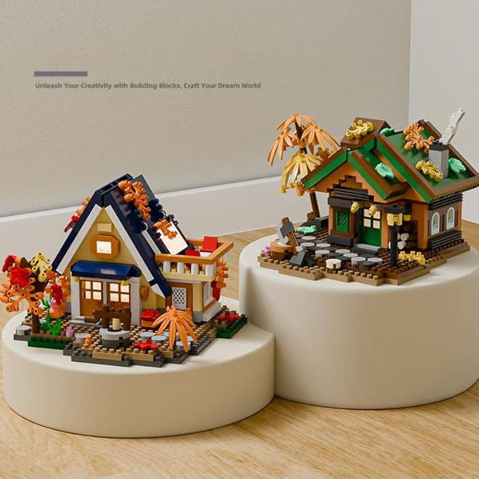 Cozy Mini Wood Cabin Micro Building Set with LED Light Wooden Forest House Block Toy with Tree Log Stem Houses Construction Model for Adults Teens Birthday Gift