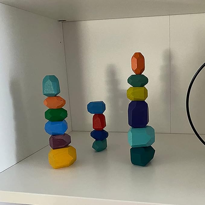 16 Pcs Wooden Stacking Blocks Rocks Building Toys, Colored Solid Wood Stones Pre-School Educational Games Creative Toys for Kids Toddlers
