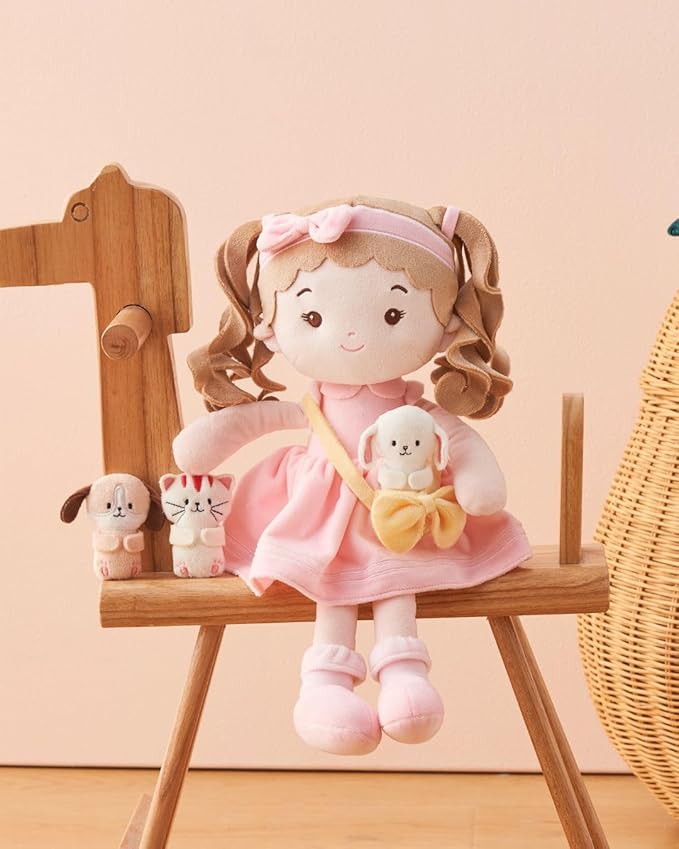 LeyaDoll Personalized Soft Baby Doll Toys (16''), My First Baby Rag Doll for 1 Year-Old Girl Birthday Gift, Christmas Plush Toys Gift for Toddler Kids Infants-Daydream-Mia-and-Her-Pet-Bunny