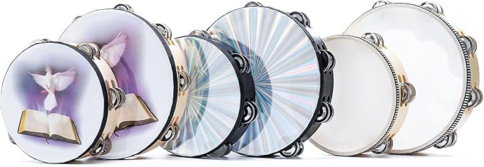 Musfunny Tambourine Hand Held Drum with Double Row Jingles, 8 inch Tambourines Metal Bell Hand Percussion for Adults Church Party (8 inch Natural)