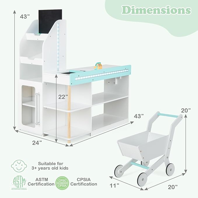 HONEY JOY Kids Grocery Store Playset, Wooden Supermarket Playset w/Cash Register & Working Conveyor, Checkout Counter Stand w/Lights, Food, Grocery Store Pretend Play for Toddler Boys Girls(White)