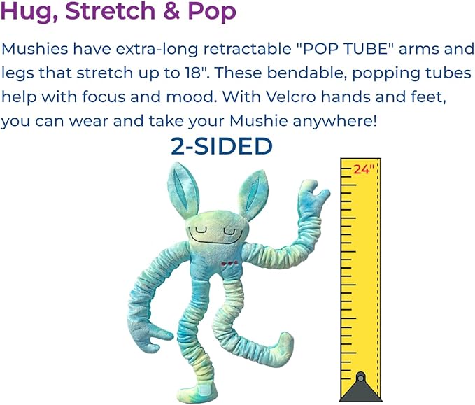 Mushies Stretchable Pop Tube Toy โ Extra-Long 18" Retractable Arms/Legs, Hook and Loop Hands/Feet โ Wearable, Bendable Fidget for Focus, Mood & On-The-Go Fun