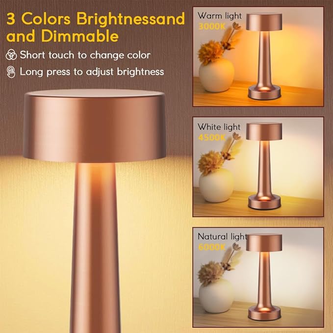 Portable LED Table Lamp, 3-Levels Brightness Metal Desk Lamp,3 Color Touch Control Rechargeable Lamp, Ideal Bedside lamp for Nightstand,Bedroom, Living Room(Rose Gold)
