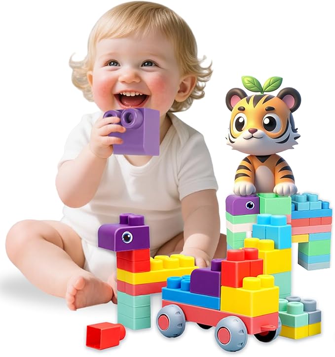 80PCS Soft Building Blocks for Toddlers 1-3, Baby Stacking Toys for Early Learning & Development , BPA-Free Silicone Blocks for Kids,Safe, Fun, and Educational Baby Toy,Large Soft Blocks