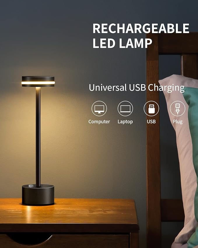 PUSU Cordless Table Lamp Set of 2, Battery Powered LED Desk Lamp Portable Table Lights 3-Level Brightness Touch Control, Lighting for Home Office Bedroom Hotel Restaurant Outdoor Night Light(Black)
