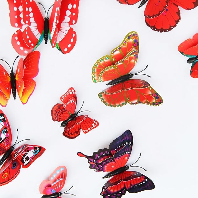Mixed of 12PCS 3D Pink Butterfly Wall Stickers Decor Art Decorations¡ (Red)