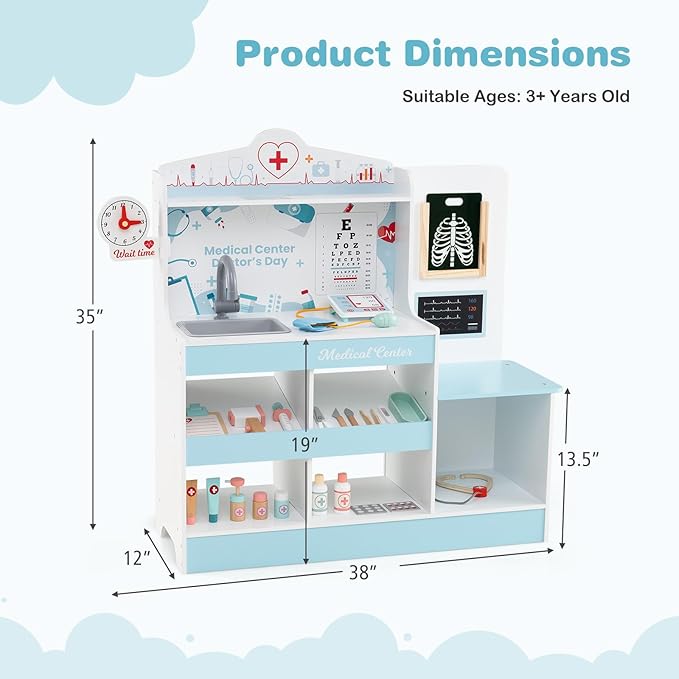 HONEY JOY Kids Wooden Doctor Play Set, 2 In 1 Checkup Medical Office Center & Vet Clinic Station, Exam Area & Interactive Accessories, X-Ray, Toddler Pretend Hospital Playset Kit for Boys Girls (Blue)