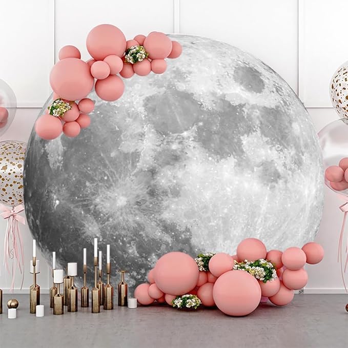 AOFOTO Lunar Surface Round Backdrop Outer Space Moon Happy Birthday Circle Background Cover Boy Girl 1st Birthday Party Children Kids Shoots Studio Props Network Celebrity Live Background 5x5ft