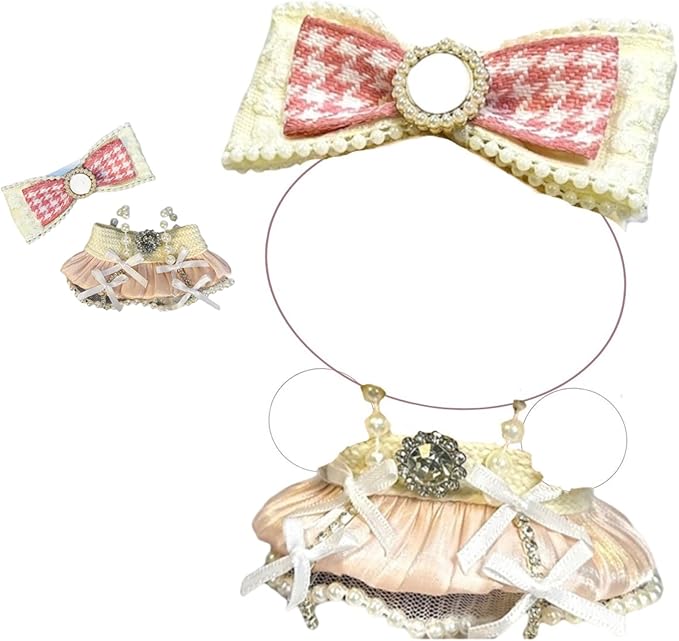 Clothes for 17cm Doll(Clothes Only)– 2-Piece Set Pearl Princess Dress and Pearl Houndstooth Bow Headband for a Unique Dressed-Up Look– Fashion Handmade Accessories for Doll(Pink)