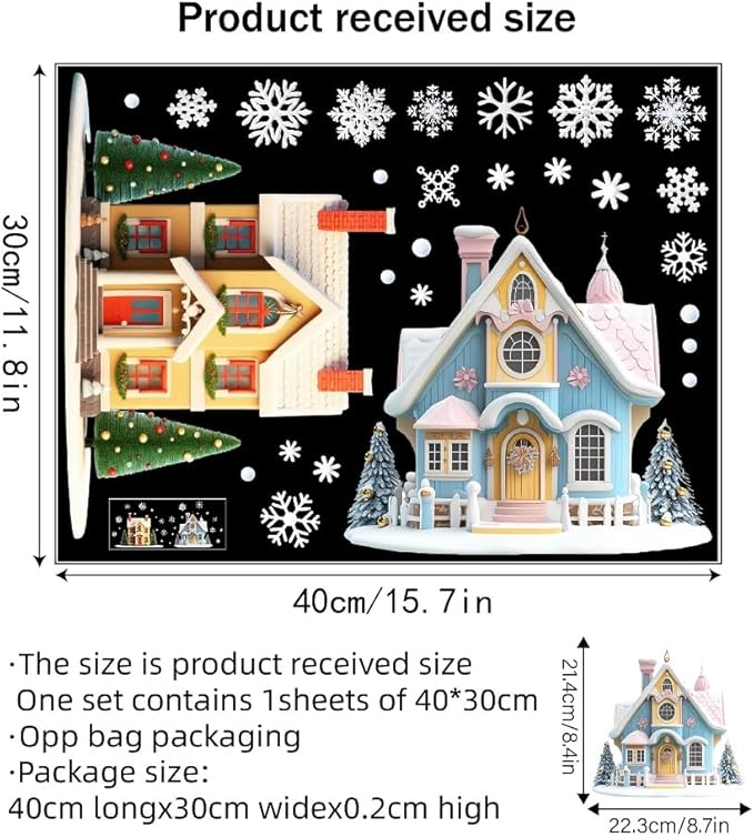 Fun Christmas Window Decor Set - Small House & Snowflake Pattern Design Sided Printed Electrostatic Stickers - Removable, Safe for Home, Office, School Indoor Outside Use Shop Window Decoration