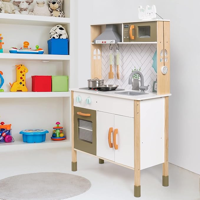 ROBOTIME Wooden Play Kitchen for Kids, Toys Kitchen with Light & Sound & Range Hood, Kids Kitchen Playset with Plenty of Play Features, Pretend Play Kitchen Set for Girls Boys Ages 3+