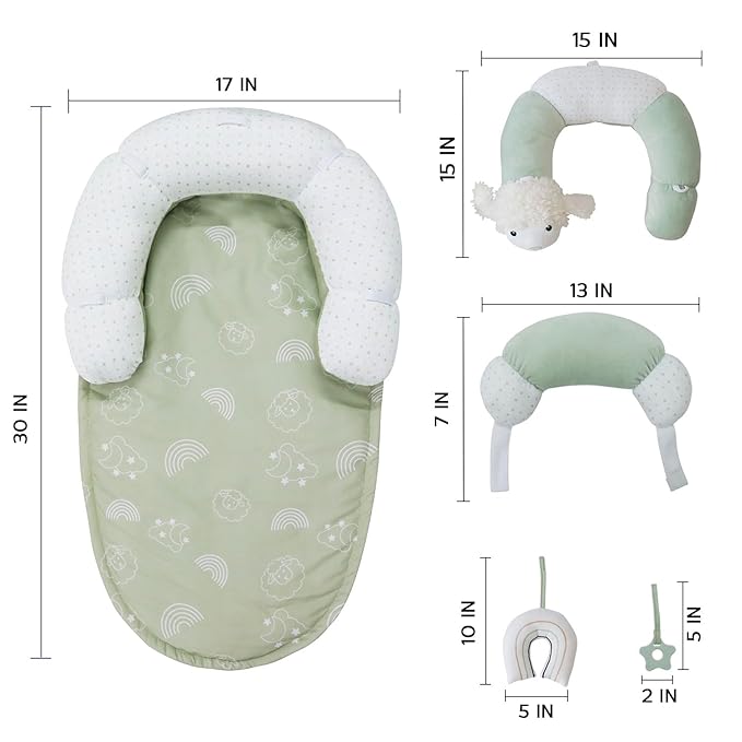 2-in-1 Tummy Time Mat and Seated Support with Sensory Toys ā for Newborns and Babies ā Includes Detachable Cushion for Supervised Play & Head/Neck Development (Sage)