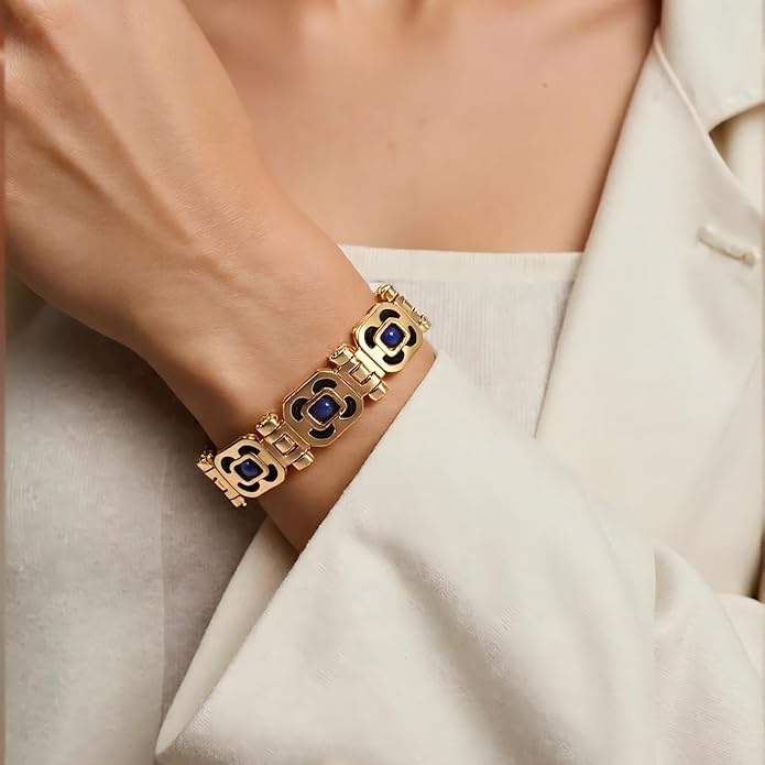 DIY Assembled Link Bracelet with Blue Gemstones - Elegant Statement Jewelry for Adult, Polished Link, Puzzle, Ceramic Style,Perfect for Gifting & Everyday Wear