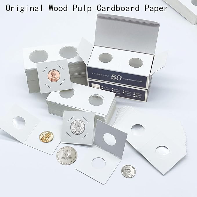 300 PCS Cardboard Coin Flips with 15 Sheets Coin Pocket Pages, 6 Assorted Sizes 2" x 2" Cardboard Coin Holders Coin Flips Coin Collection Supplies for Dime, Penny, Quarter, Nickels, Dollars Collecting