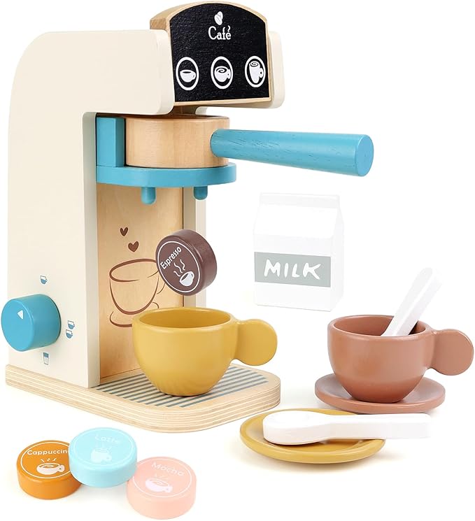 PairPear Wooden “Drop-Pod” Coffee Maker Toy, 13 Pieces Espresso Machine Playset, Barista & Cappuccino Pretend Play Kitchen Accessories Gift for Girls and Boys Age 3+