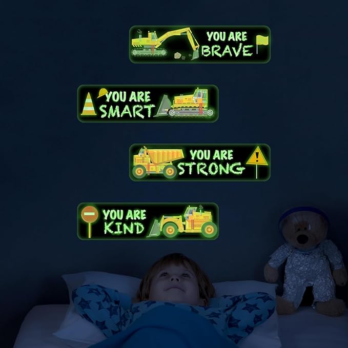 4 PCS Construction Wall Decals Glow in The Dark,Construction Stickers Toddler Room Decor for Kids Baby Nursery, Boys Glowing Motivational Wall Art Inspirational Sticker