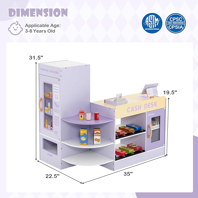HONEY JOY Kids Grocery Store Playset, Wooden Supermarket Playset w/Cash Register & Vending Machine Toy, Blackboard, Checkout Counter Stand, Grocery Store Pretend Play for Toddler Boys Girls (Purple)