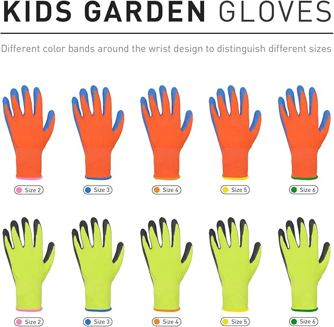 HANDLANDY 3 Pairs Kids Gardening Gloves Latex Free, Nitrile Coated Children Toddler Garden Yard Work Gloves for Little Girls Boys (Size M, Black-Orange)