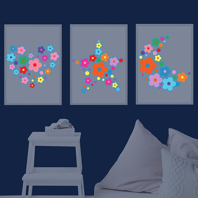 Glow in The Dark Y2k Cute Flowers Wall Decals,Glowing Luminous Colorful Floral Wall Stickers Removable self-Adhesive Flower Decals for Girls Bedroom Kids Baby Nursery Living Room Decor (Bright Color)