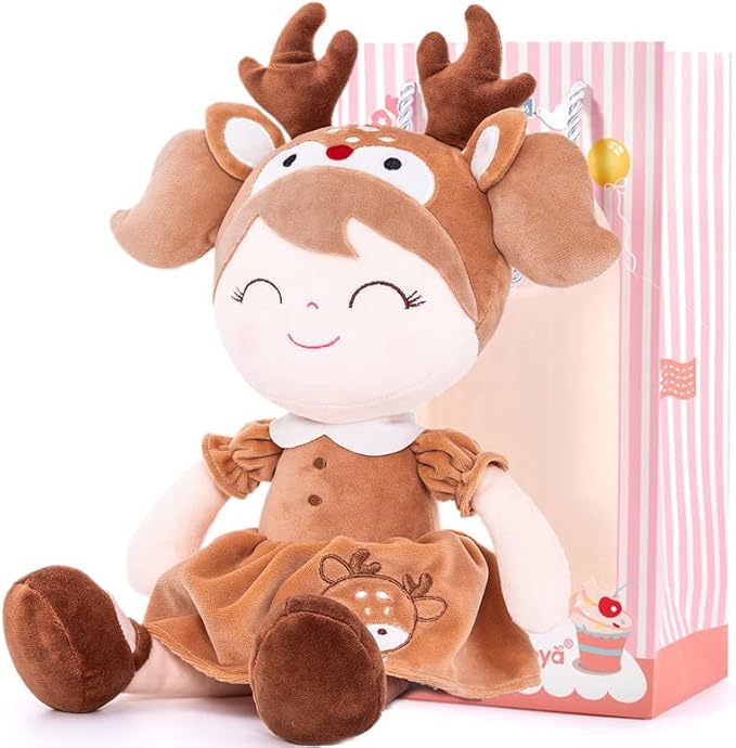 Gloveleya Plush Baby Doll Girl Gifts β 16 Inch Soft Elk Deer Doll with Gift Box, Brown Toddler Girl Birthday Present, Keepsake First Plush Toy for Nursery, Christmas