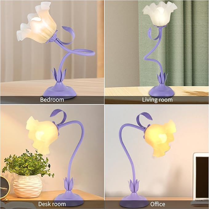 Cute Flower Desk Lamp, 3 Color Temperature Table Lamp with LED Bulb, Vintage Bedside Lamps, Reading Lamps with Soft Light for Bedroom, Living Room(Purple)