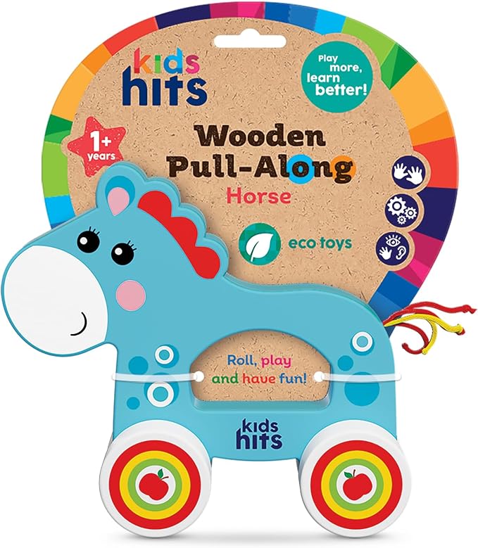 Wooden Pull-Along Horse ā Eco-Friendly Toddler Toy with Spinning Wheels & Tactile Tail ā Early Learning Toy for 1 Year Old and Up