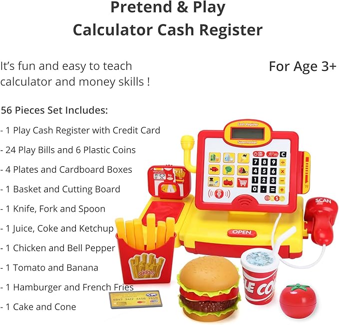 FS Pretend Play Cash Register Toy with True Barcode Scanner & Calculator, Microphone, Play Food, Supermarket Cashier, Great Pre-School Gift Cash Register for Kids Boys & Girls, Ages 3 4 5 6 8