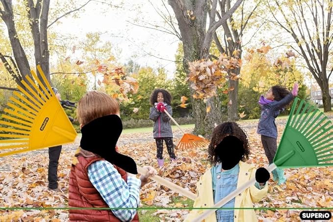 Superio Kids Rake with Hardwood Handle, Durable Plastic Head to Sweep Leaves in Lawn and Tidying Up The Garden, 34"
