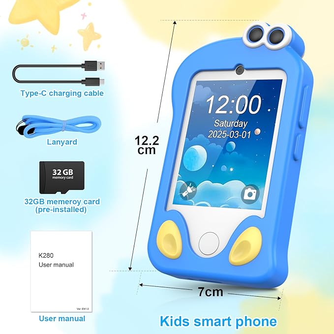 Kids Smart Phone, Phone for Kids Ages 3-12 | 2.8" Touchscreen, Dual Camera & Video Recording | Educational Learning Toy with Games & Music | Christmas Birthday Gift for Boys and Girls(Blue)