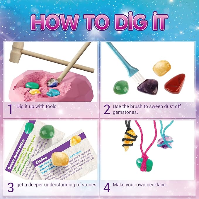 6PCS Gemstone Dig Kit for Kids β Dig Up Amethyst, Lapis Lazuli, Citrine, Red Jasper, Aventurine & Turquoise β DIY Jewelry Making STEM Science Kit Gift for Girls and Boys Ages 6+