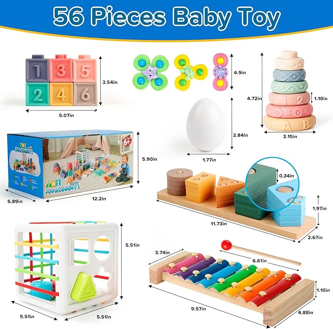 7‑in‑1 Montessori Baby Toys for 6‑12 Months & 1+ Years, Infant Sensory Teething & Stacking Blocks | Wooden Shape Sorter, Xylophone Musical Toy, Birthday Gift for Toddlers 1‑3