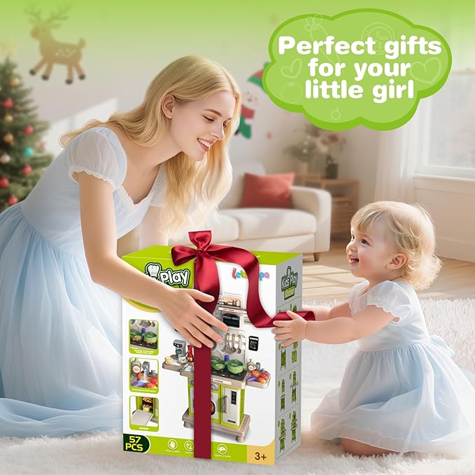 Play Kitchen Set, Kids Kitchen Playset with Realistic Sound & Light, Cooking Stove, Sink, Play Food and Accessories, 57 Pcs Kitchen Toys Gifts for Toddlers 2-4 3-5 Boys Girls (Green)