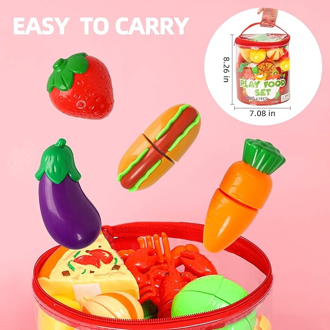 67Pc Pretend Play Food Sets for Kids Kitchen, Pizza Toy Food & Cutting Fake Food - Fruits & Vegetables, Play Kitchen Toys Accessories, Pretend Food Toys for Toddlers Boys Girls Birthday Gift