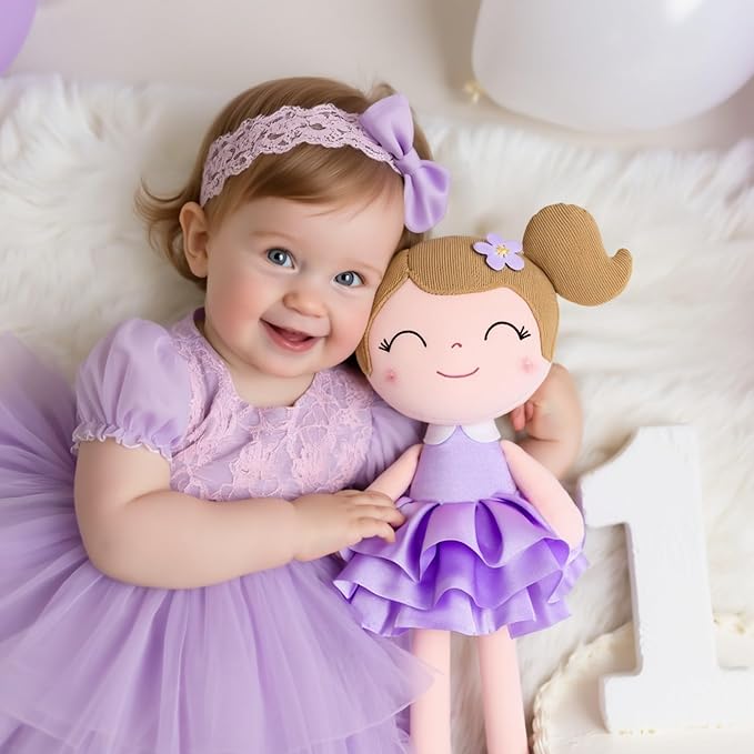 Gloveleya Princess Tutu Doll β 14 Inch Soft Plush Baby Doll for Girls with Purple Dress & Gift Bag, First Baby Doll for Toddler Girls, Birthday Present, Baby Shower & Holiday Keepsake