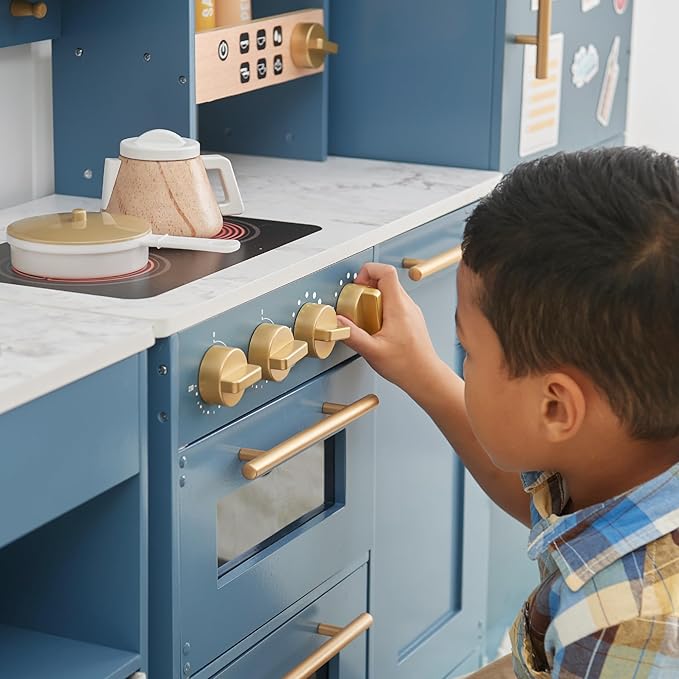 Teamson Kids Little Chef Atlanta Modular Wooden Play Kitchen, 3-Piece Pretend Set with 17 Accessories, Blue/White/Gold, Realistic Features for Toddlers & Kids, Cocina de Juguete Moderna