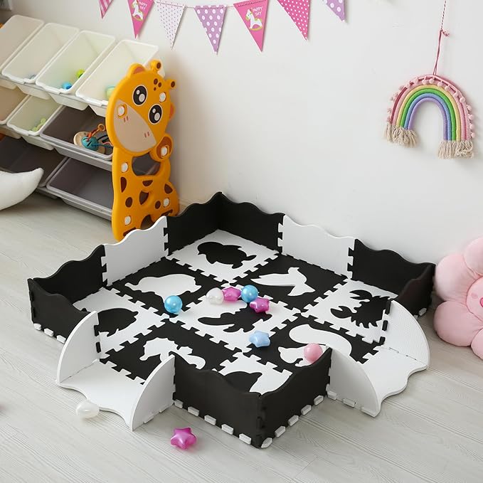 Foam Play Mat for Kids,25Pcs Square Interlocking Puzzle Floor Mat,Baby Play Mat Floor Mat Foam Puzzle Playmat for Toddlers with Fence - Black Animals