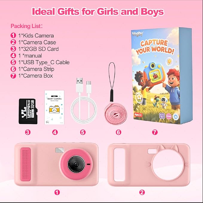 AI Digital Camera for Kids with WiFi for Christmas Birthday Gift for Girls Boys,Touch Screen HD Camera for Home Travel Garden,Kids Toys for 4 5 6 7 8 9 10 11 12 with 32GB SD Card Pink