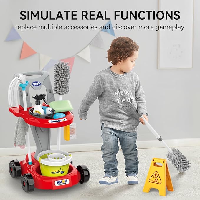 Toddler Cleaning Set,Kids Cleaning Toy Set,New 29-Piece Detachable Kids Cleaning Set for Toddlers - Pretend Play Educational Cleaning Carts (red)