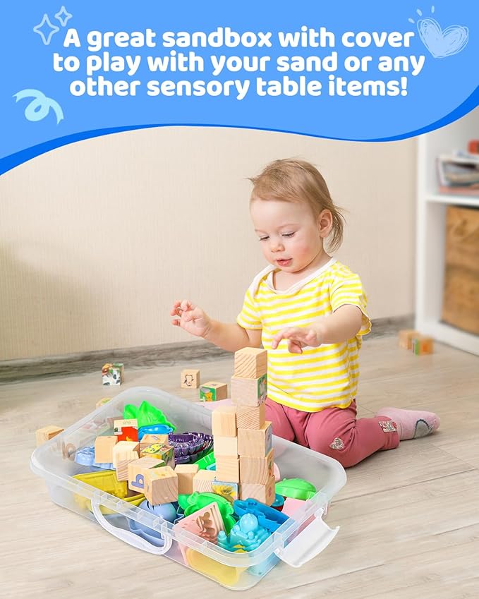 2 Pcs Sand Tray Sensory Bin with Lid and Handle, Portable Sensory Sandbox Container for Kids, Plastic Activity Tray for Toddlers (Transparent)