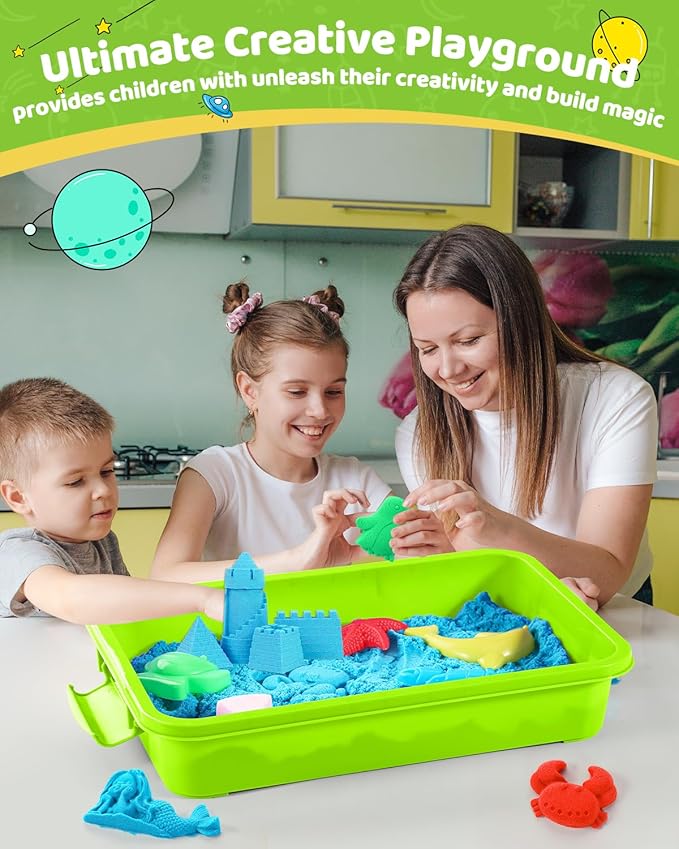 Play Sand with Sensory Bin Toy for Kids, 8 lb of 7 Colored Bulk Magic Sand with Sandbox for Toddlers, Sensory Sand Kit for Boys and Girls Age 3-8 (Blue)