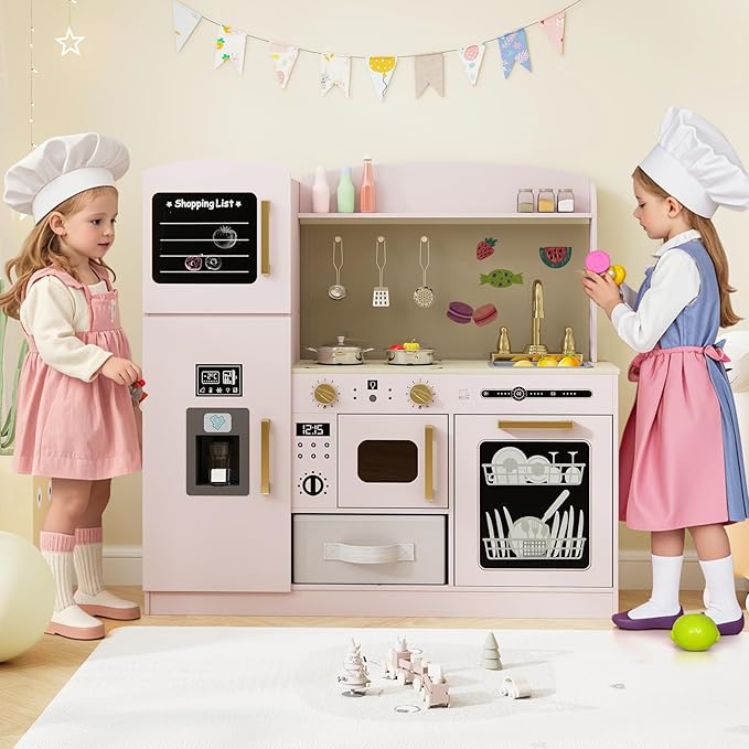 Costzon Kids Kitchen Playset, Wooden Pretend Play Kitchen w/Real Lights & Sounds, Chalkboard, Microwave, Ice Maker, Dishwasher, Sink, Cookware Accessories, Play Kitchen for Kids Ages 3+ (Pink)