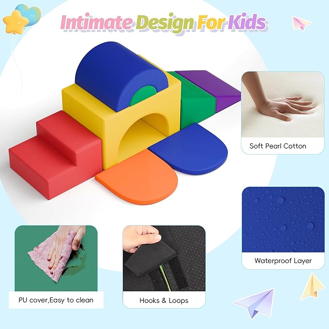 MU Soft Climbing Toys for Toddlers, 7-Piece Baby Soft Foam Climbing Blocks, PU Leather Gym Climb and Crawl Activity Play Set, Indoor Climbing Toys for Kids and Children, Classic