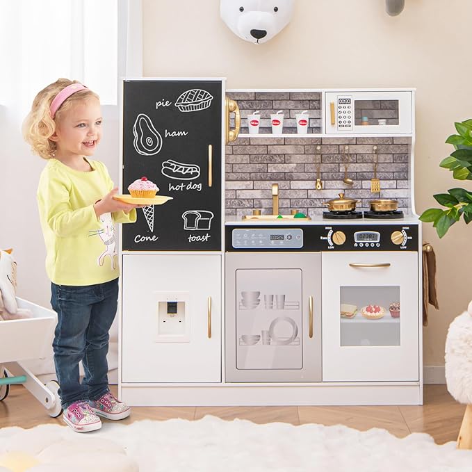 HONEY JOY Upgrade 39 in Kids Kitchen Playset, Large Wooden Little Chef Pretend Toy Kitchen Set w/Chalkboard, Telephone, Utensils, Oven, Microwave, Sink, Storage, Play Kitchen for Toddlers (Golden)