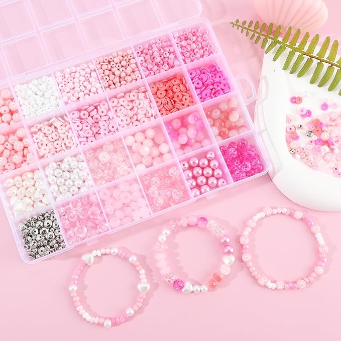 3500Pcs Heishi Bead ,Pink Beads Bracelet Making Kit ,6 Kinds of Unique Pink Glass Seed Bead Friendship Bracelet Beads for Jewelry Making