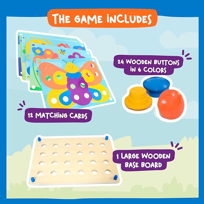 Nene Toys Wooden Color Matching Puzzle for Toddlers 2+ Years β Montessori Pegboard Button Game with Wooden Nails & Cards β Educational Toy for 2 3 Year Old Boys Girls β Fine Motor Skill Learning
