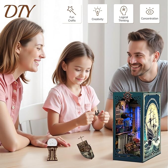 Book Nook Kit - DIY Enchanted Cottage Miniature House for Adults & Teens, 3D Wooden Puzzle Booknook with LED Lights, Bookshelf Insert Decor & Creative Model Building(Riddle On The Sea Floor)