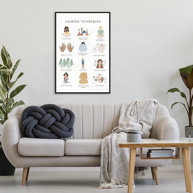 Feelings Calming Techniques Canvas Wall Art Calming Corner Classroom Mental health Posters Boho Emotions Chart for Kids Prints Special Education Wall Decor for Office School 24x36in BlackFramed