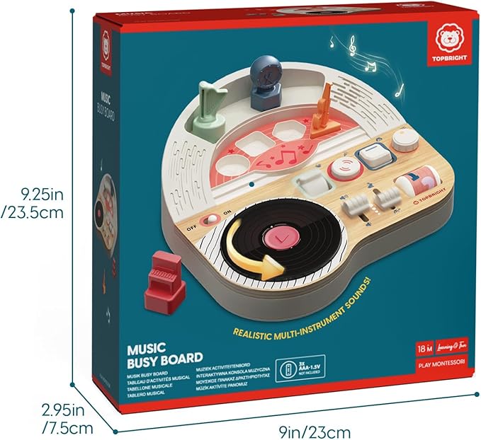 TOP BRIGHT DJ Music Busy Board - Wooden Toddler Toys for Boys and Girls,Montessori Sensory Toy with 14 Activities with Sound Blocks, Portable Travel Toy for 18M+